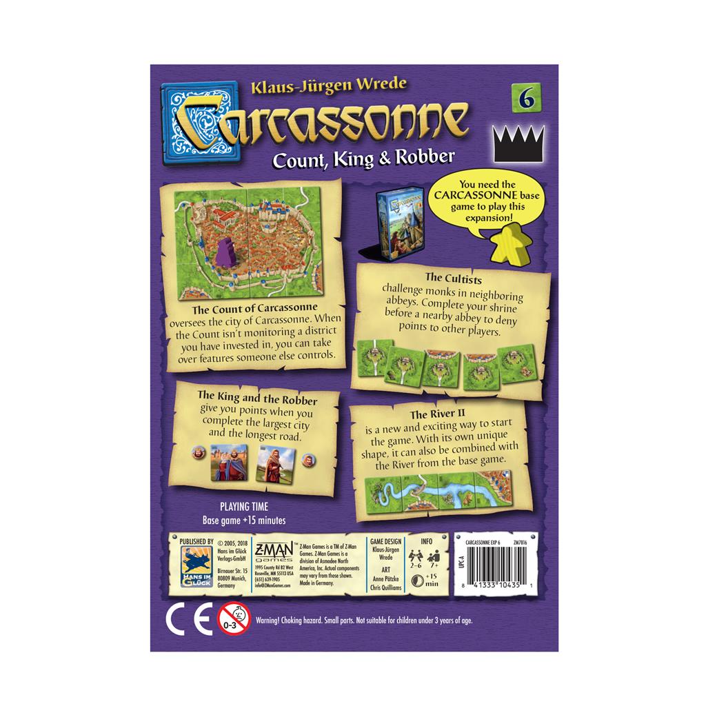 Back of Carcassonne Expansion 6: Count, King and Robber box featuring game rules, components, and illustrations.