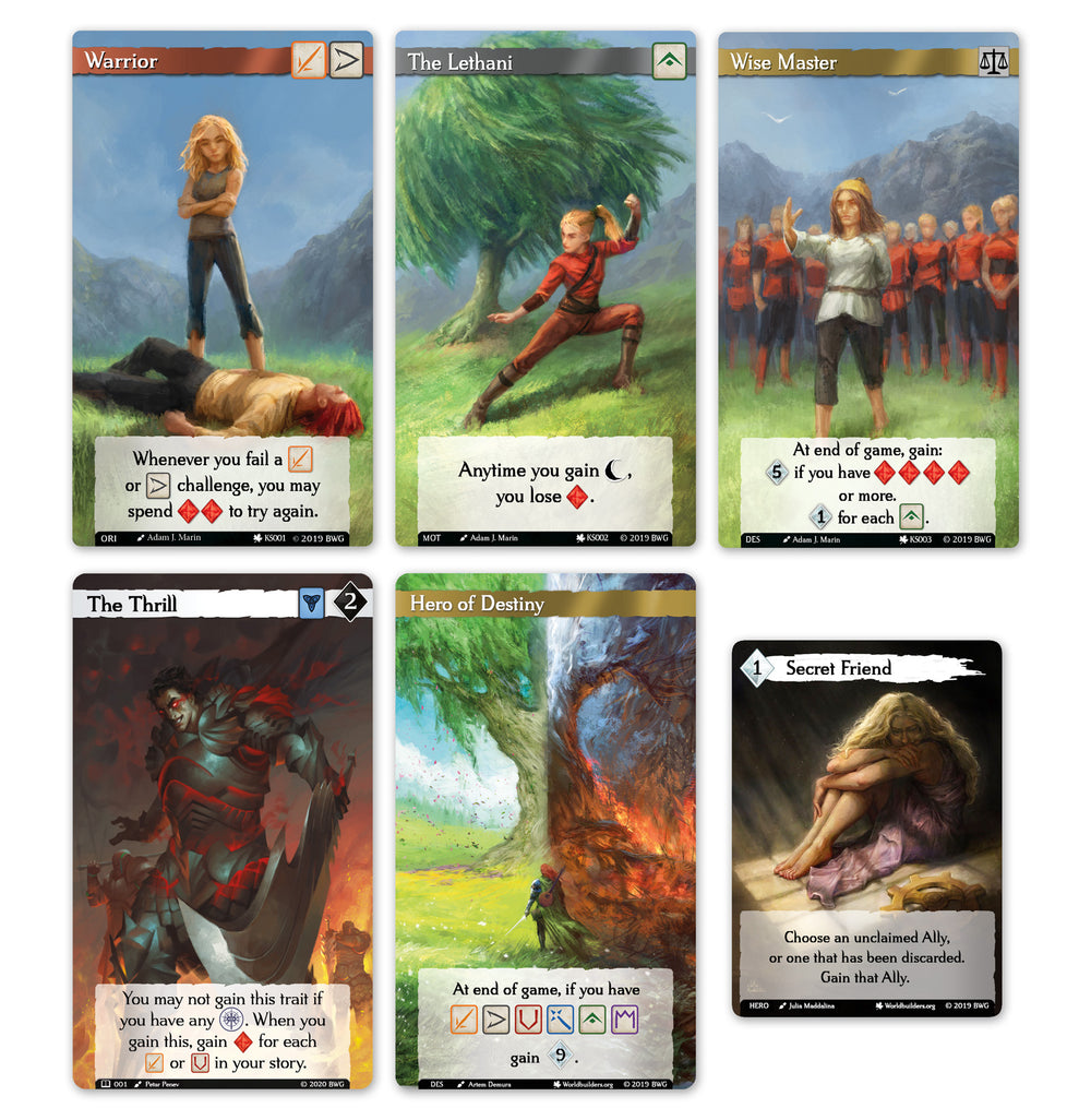 Six cards from the Call to Adventure game, featuring characters and abilities like Warrior, The Lethani, and Hero of Destiny.