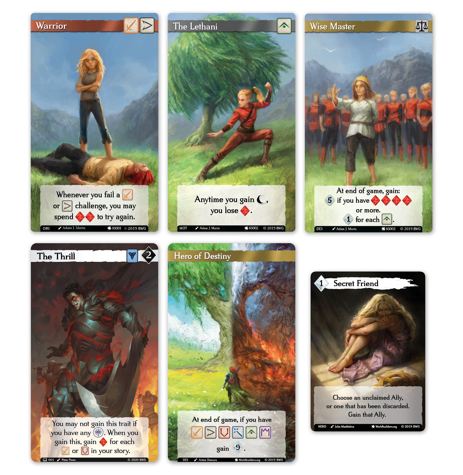 Six cards from the Call to Adventure game, featuring characters and abilities like Warrior, The Lethani, and Hero of Destiny.