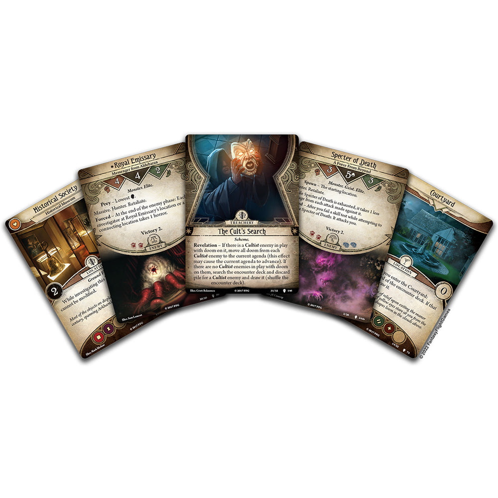 Five cards from the Arkham Horror LCG: The Path to Carcosa expansion, featuring artwork and game mechanics for gameplay.