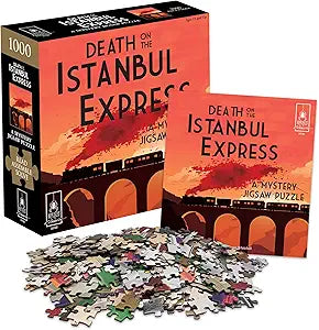 Mystery jigsaw puzzle box featuring "Death on the Istanbul Express" with colorful puzzle pieces scattered around it.