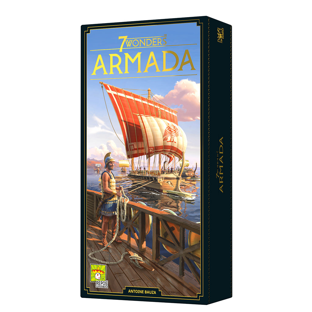 7 Wonders: Armada (New Edition) box art featuring a ship and a sailor on a dock, showcasing vibrant colors and detailed illustrations.