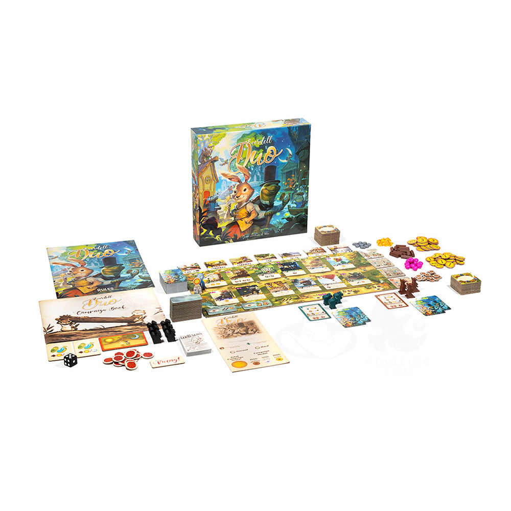 Everdell Duo board game set up with game board, cards, tokens, and components arranged around the box.