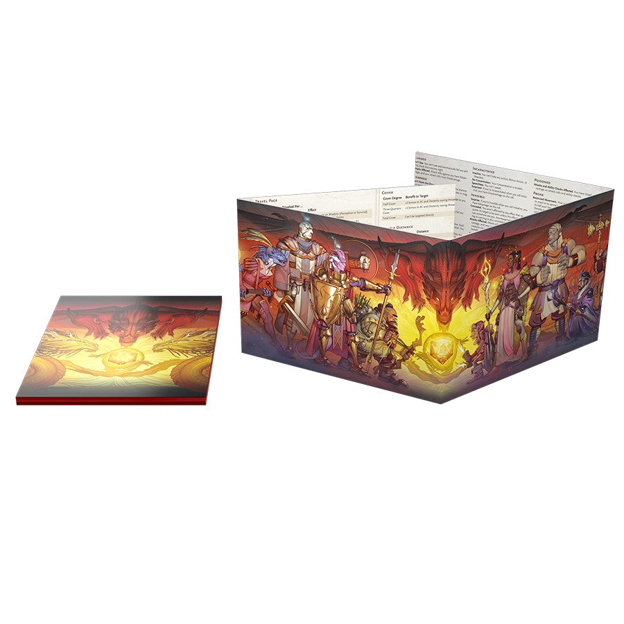 Dungeons & Dragons 2024 Dungeon Masters Screen featuring vibrant artwork of heroes and a dragon, with reference materials.