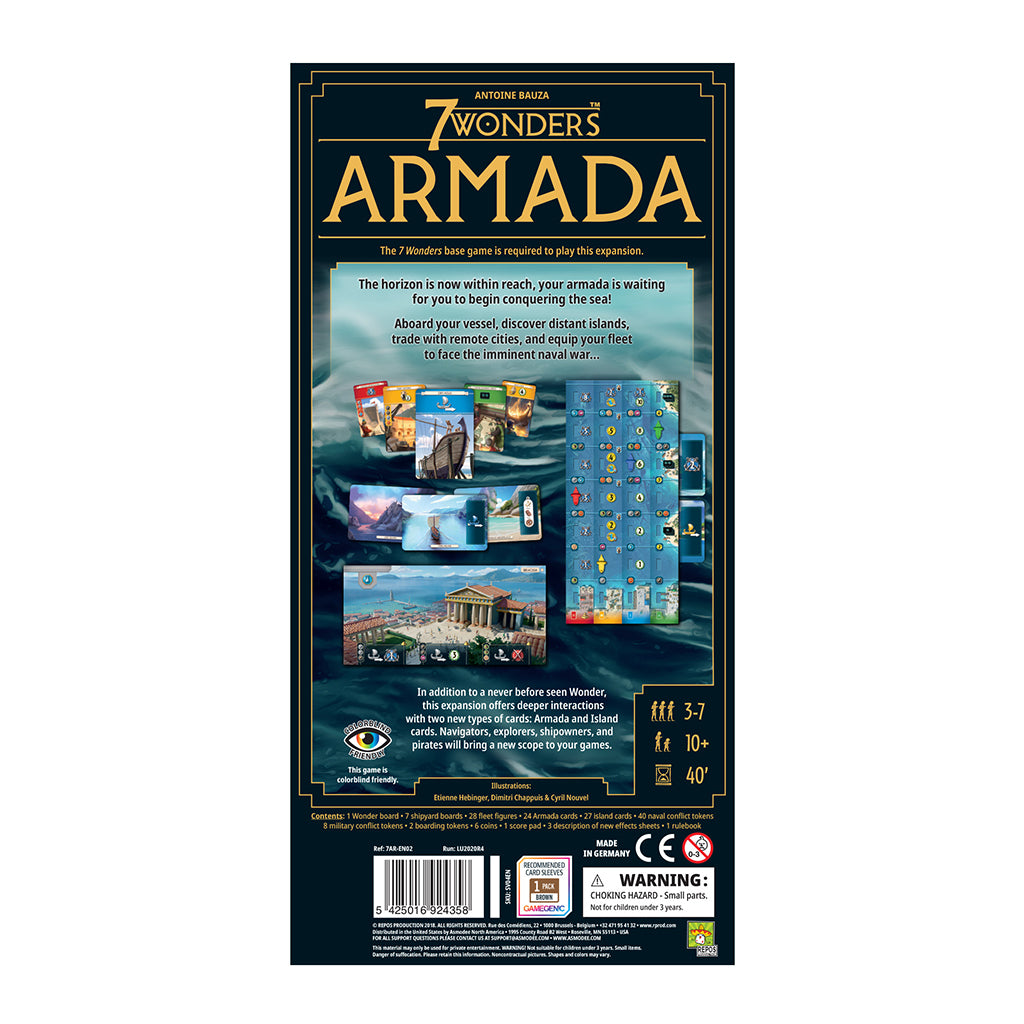 Back cover of 7 Wonders: Armada (New Edition) showing game details, components, and thematic artwork related to naval exploration.