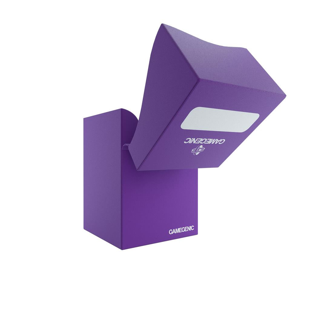 Purple Gamegenic Deck Holder 100+ with a lid open, designed for storing and protecting trading cards.