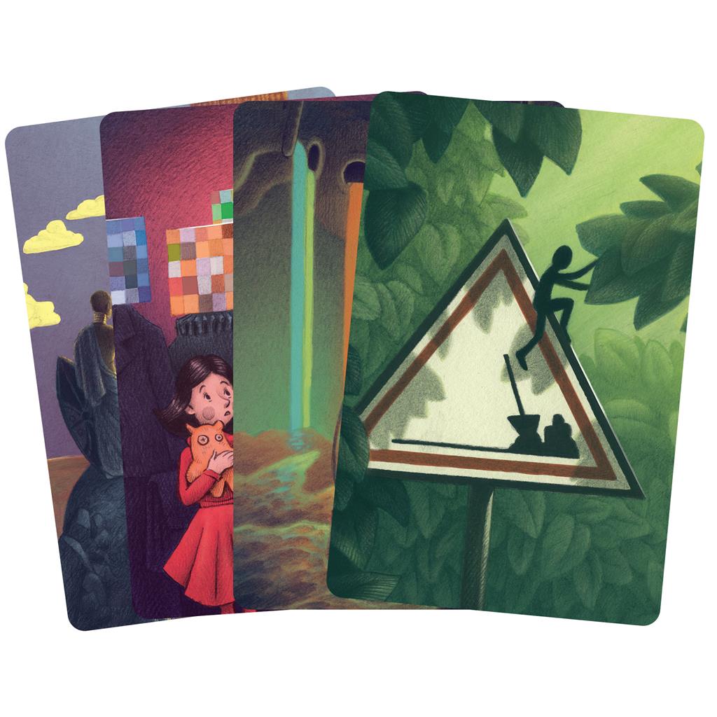 Four illustrated cards from the Dixit: Harmonies Expansion featuring whimsical scenes and imaginative characters.