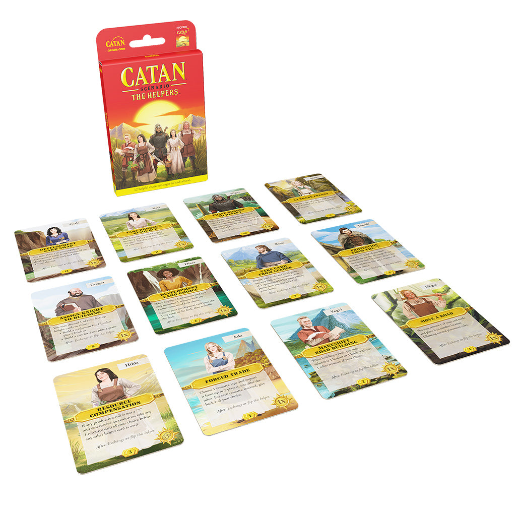 Catan - The Helpers expansion featuring character cards laid out with the game box in the background.