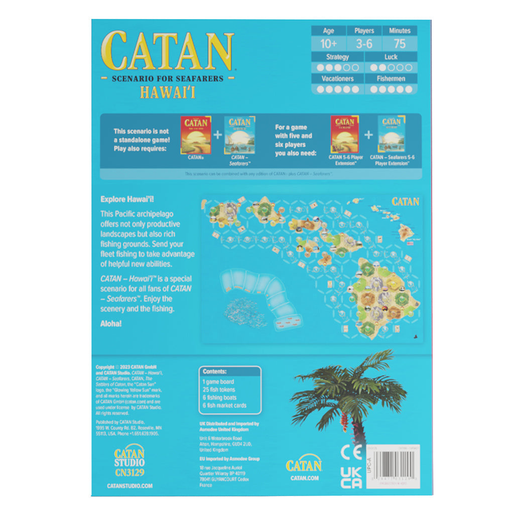 Catan - Hawai'i Seafarers Scenario game box back, featuring game details, player count, and vibrant island-themed graphics.
