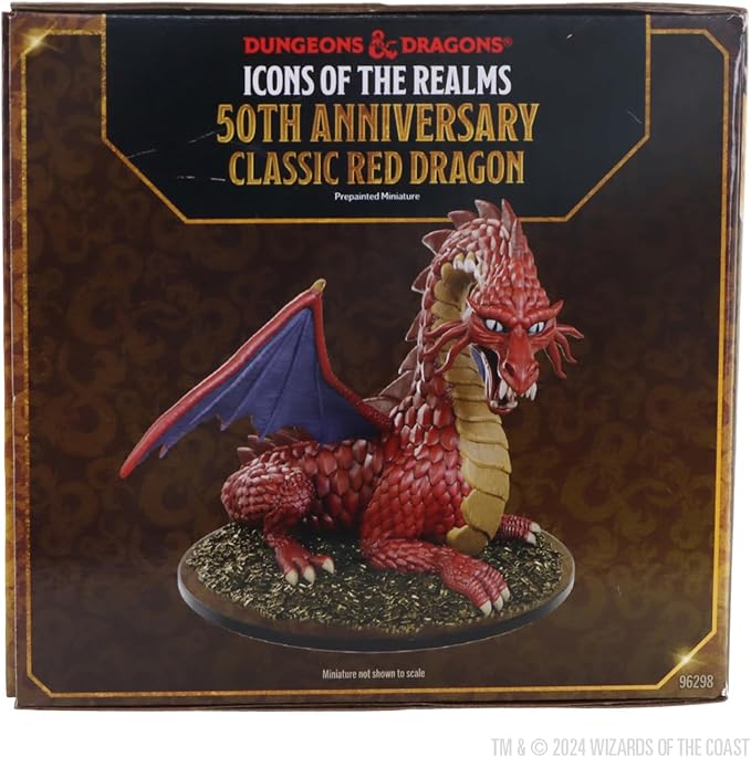 Dungeons & Dragons 50th Anniversary Classic Red Dragon miniature in a display box, showcasing detailed features and vibrant colors.