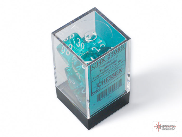 Translucent teal and white polyhedral 7-dice set by Chessex displayed in a clear plastic box.