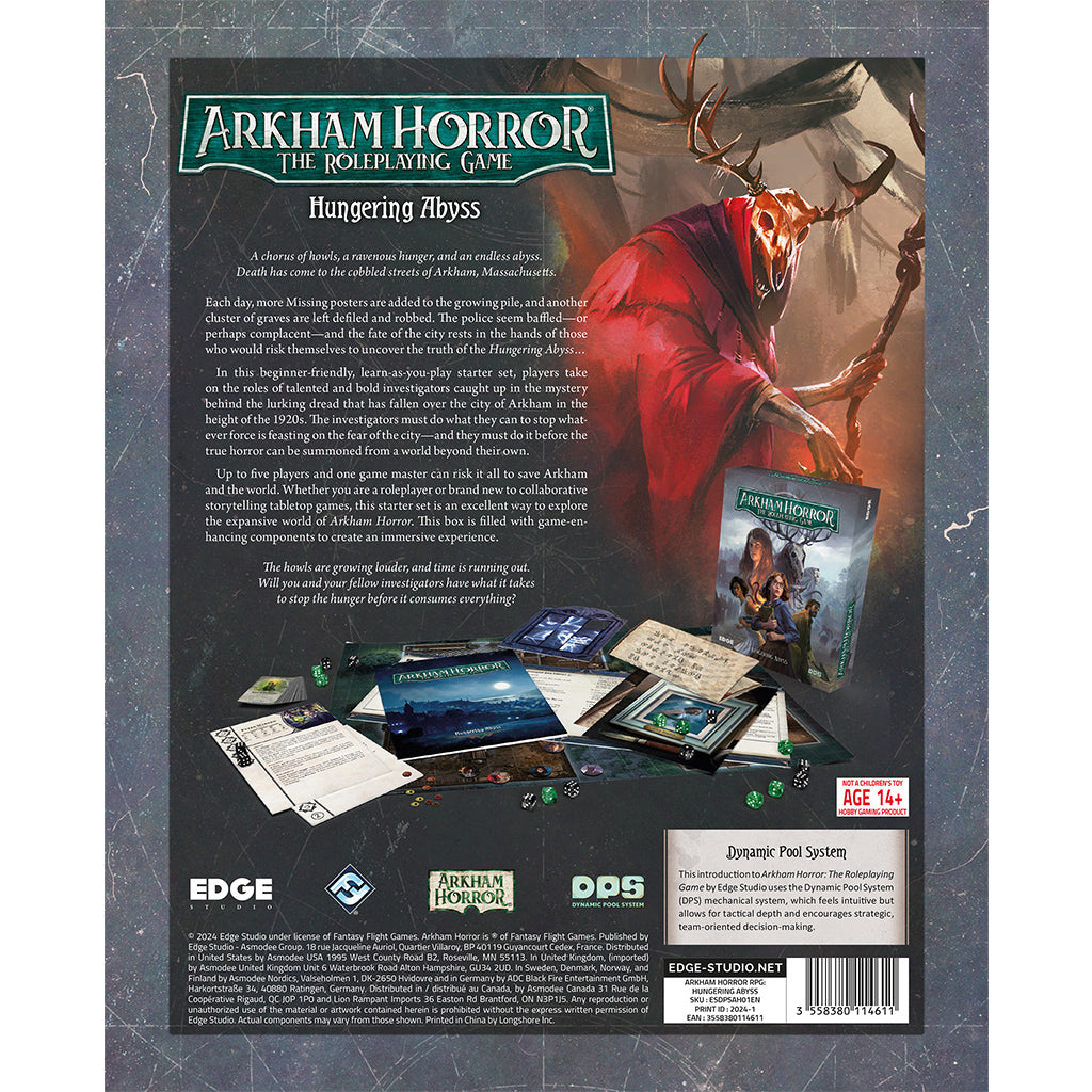 Back cover of the Arkham Horror RPG Starter Set: Hungering Abyss, featuring game components and thematic artwork.