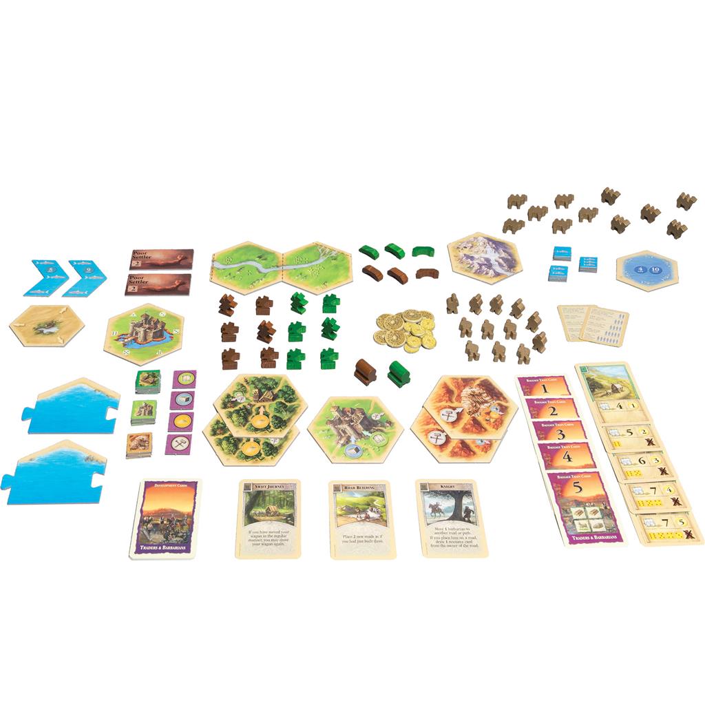 Catan: Traders & Barbarians 5-6 Player Extension game components including hex tiles, resources, cards, and player pieces.