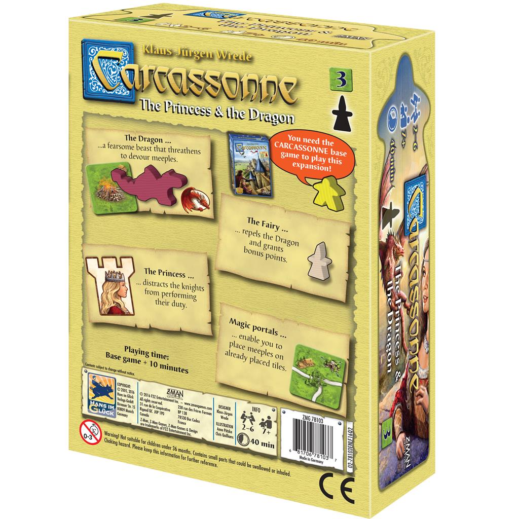 Box for Carcassonne Expansion 3: The Princess and the Dragon, featuring game components and descriptions of new mechanics.