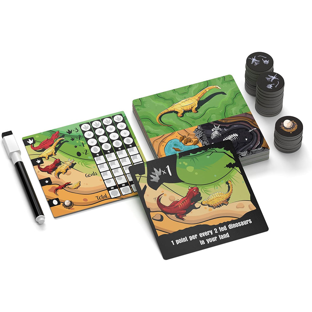 Colorful game components of Chomp, including cards, a scoring board, and tokens featuring dinosaurs.