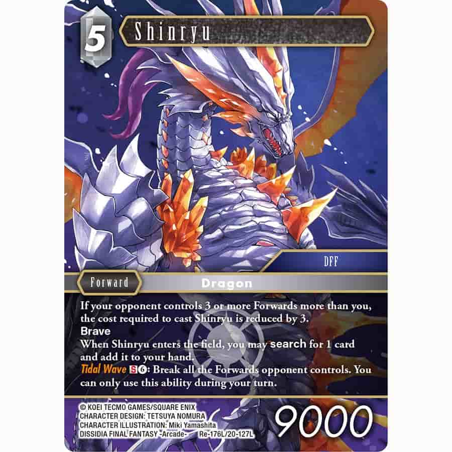 Final Fantasy TCG Legacy Collection Booster Reprint featuring Shinryu card with dragon artwork and game stats.