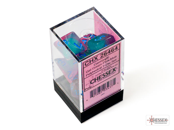 Chessex Gemini Gel Green-Pink/Blue Luminary Polyhedral 7-Dice Set in a clear display box, showcasing vibrant, swirled colors.