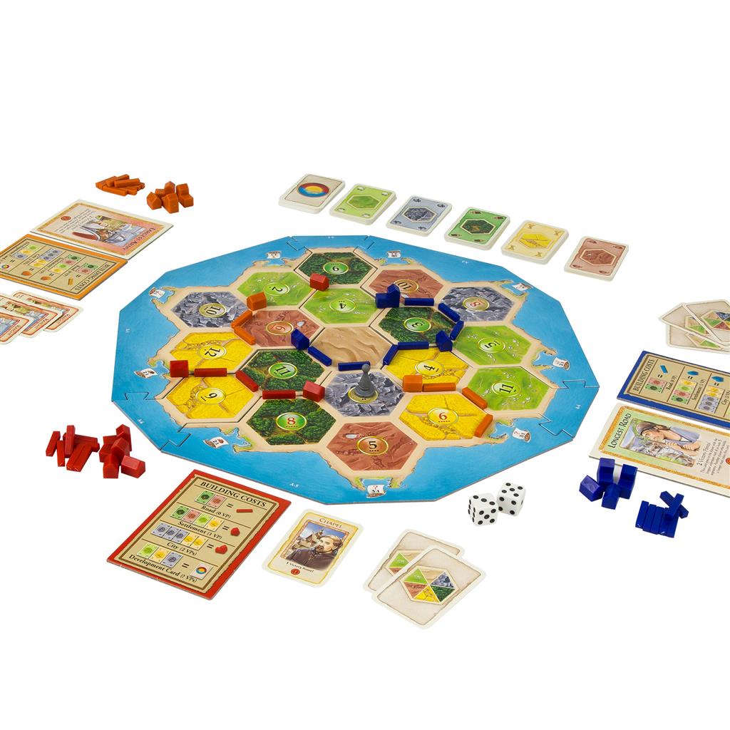 Catan Family Edition board game setup featuring hexagonal tiles, resource cards, and player pieces in vibrant colors.