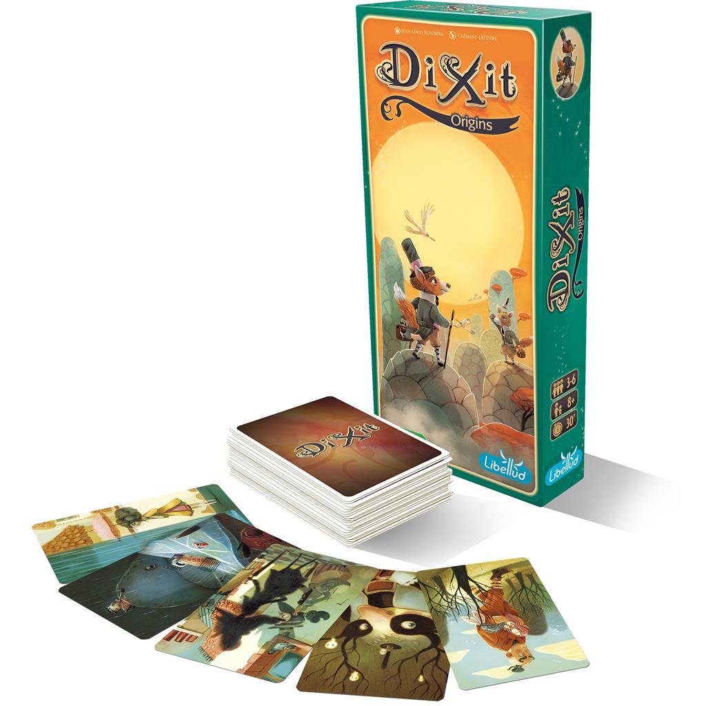 Dixit: Origins Expansion box with illustrated cards spread out, showcasing whimsical artwork for storytelling gameplay.