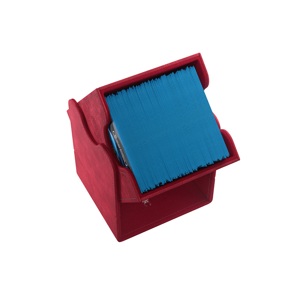 Red Gamegenic Deck Box Squire 100+ XL with a blue card deck inside, designed for card game storage and protection.