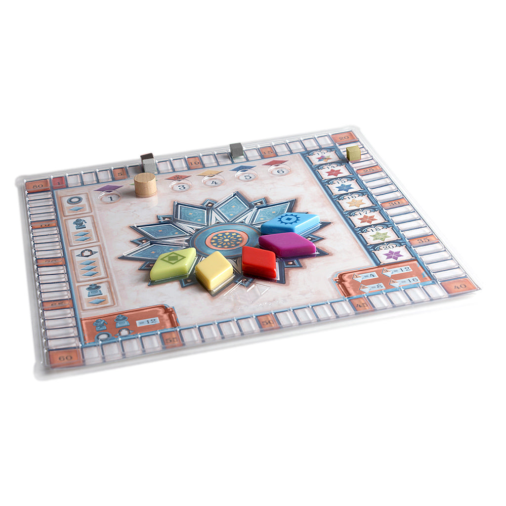 Colorful game board of Azul Summer Pavilion featuring a star-shaped design with various tiles and player pieces in vibrant colors.