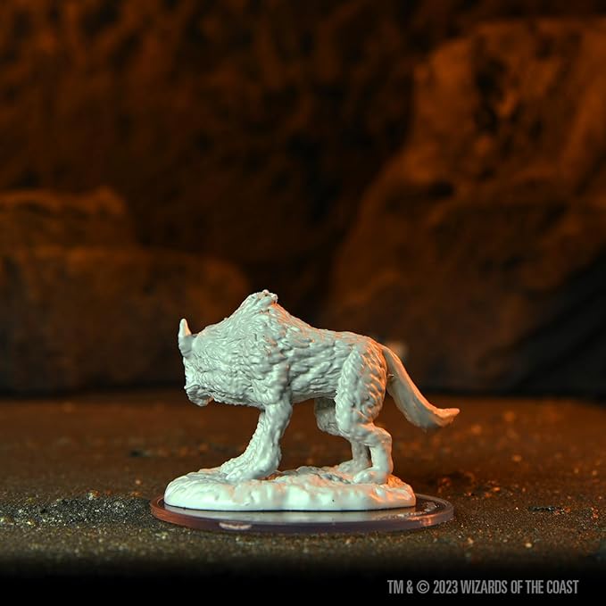 Unpainted Yeth Hound miniature for Dungeons & Dragons, showcasing detailed fur texture and dynamic pose.