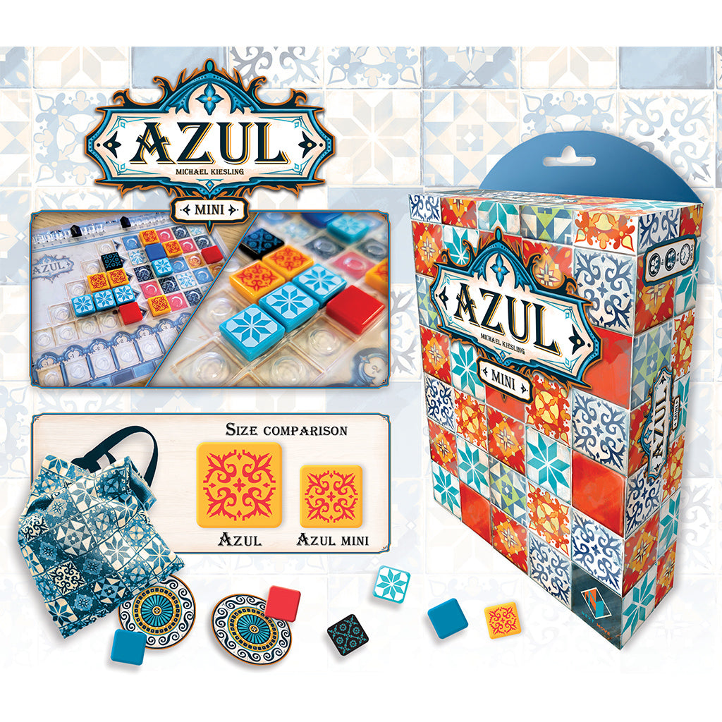 Colorful box of Azul Mini board game featuring vibrant tile designs, game pieces, and a size comparison with standard Azul.