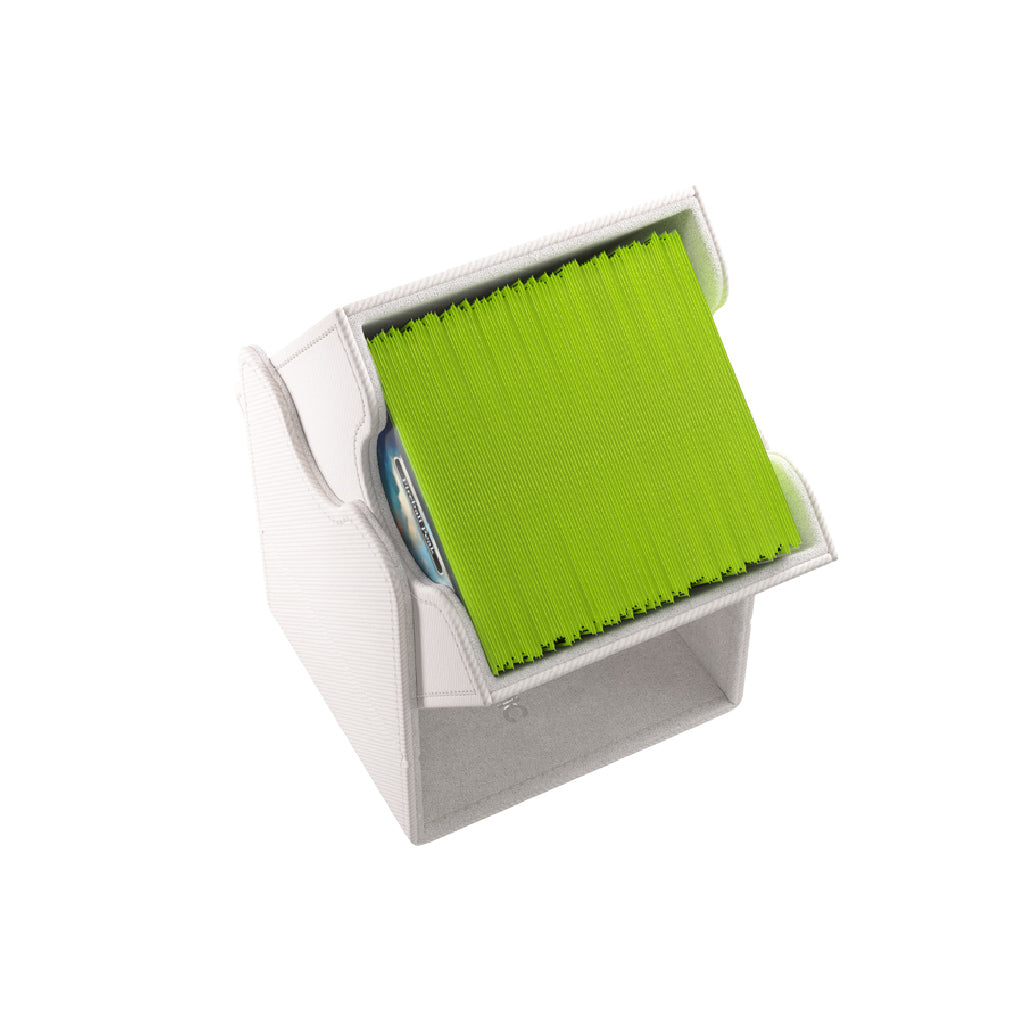 Gamegenic Deck Box Squire 100+ XL in white, holding vibrant green card sleeves, designed for card game organization.