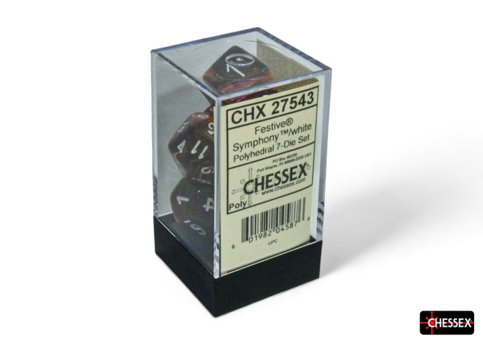 Chessex Festive Symphony/White Polyhedral 7-Dice Set in clear packaging, featuring vibrant colors and clear numbering.