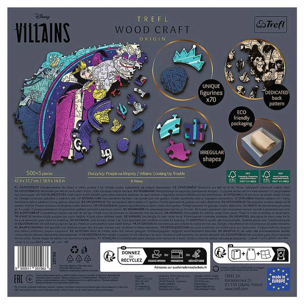 Disney Woodcraft Villains 500-piece puzzle featuring unique figurines and irregular shapes for a challenging and eco-friendly experience.
