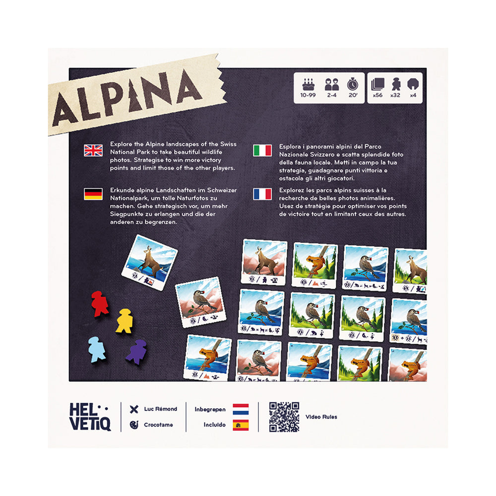 Alpina board game box featuring Swiss landscapes, player pieces, and game components for 2-4 players aged 10 and up.