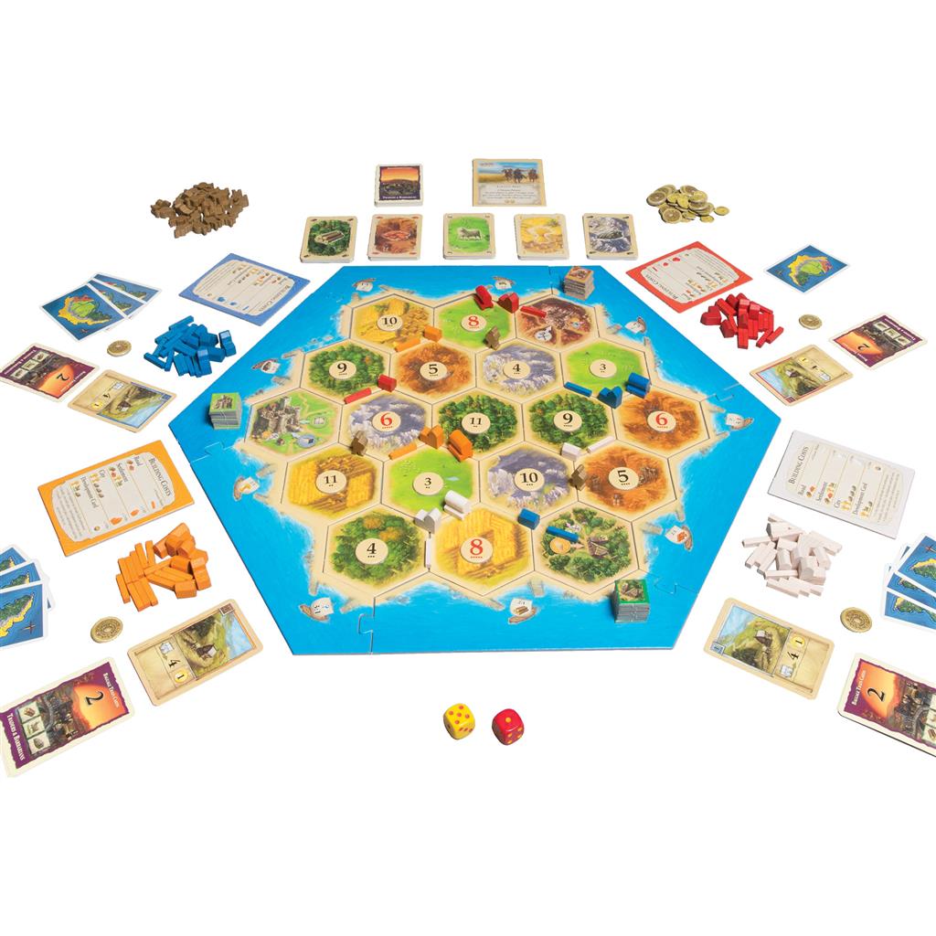 Catan Traders and Barbarians expansion board setup with hex tiles, resource cards, player pieces, and dice on a white background.