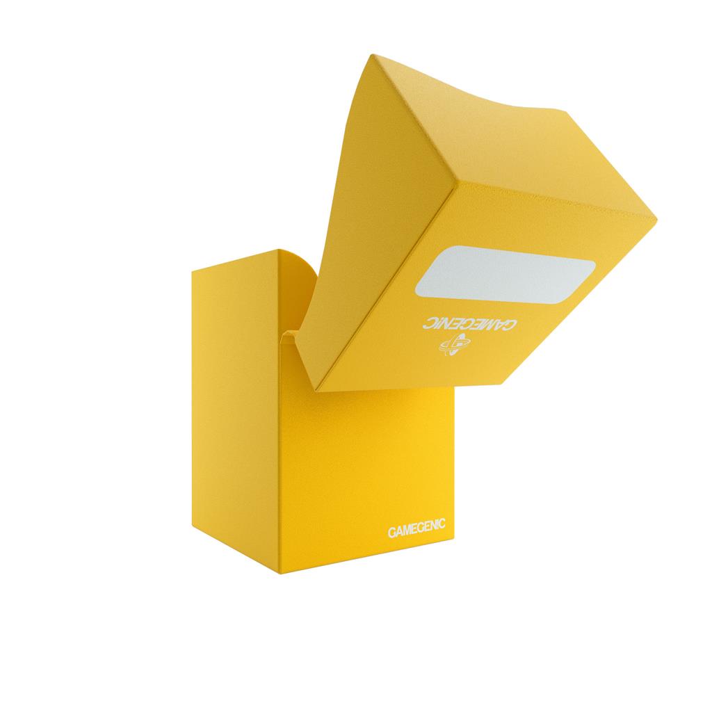 Gamegenic Deck Holder 100+ in yellow, designed for storing and protecting trading cards with a secure top flap.