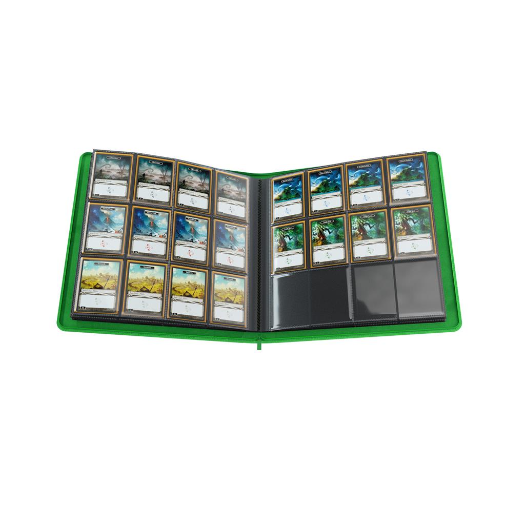 Gamegenic green zip-up album featuring 24 pockets filled with collectible cards, showcasing vibrant artwork and organized storage.