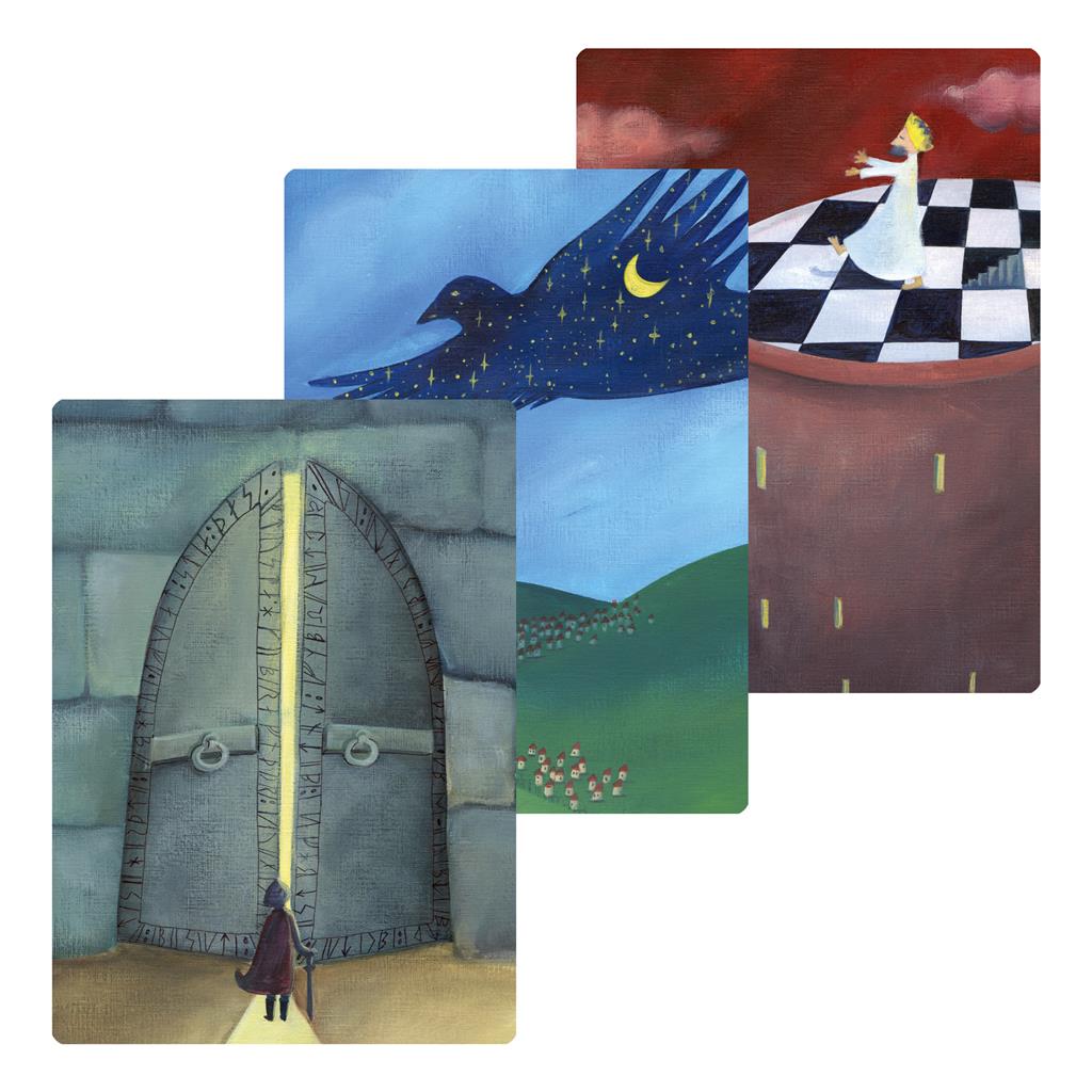Dixit: Quest Expansion features three illustrated cards showcasing surreal scenes: a mysterious door, a starry bird, and a dancing figure on a chessboard.