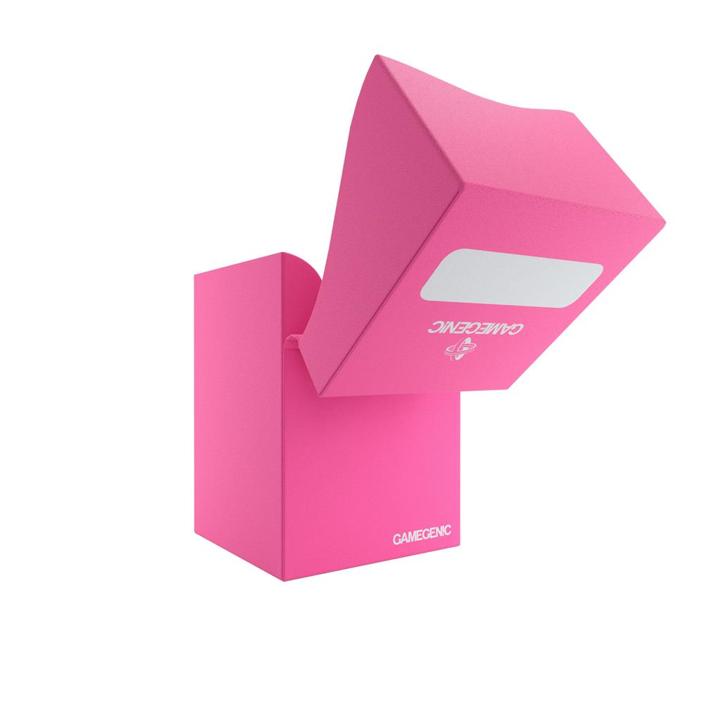 Pink Gamegenic Deck Holder 100+ with a lid open, designed for storing trading cards securely and stylishly.