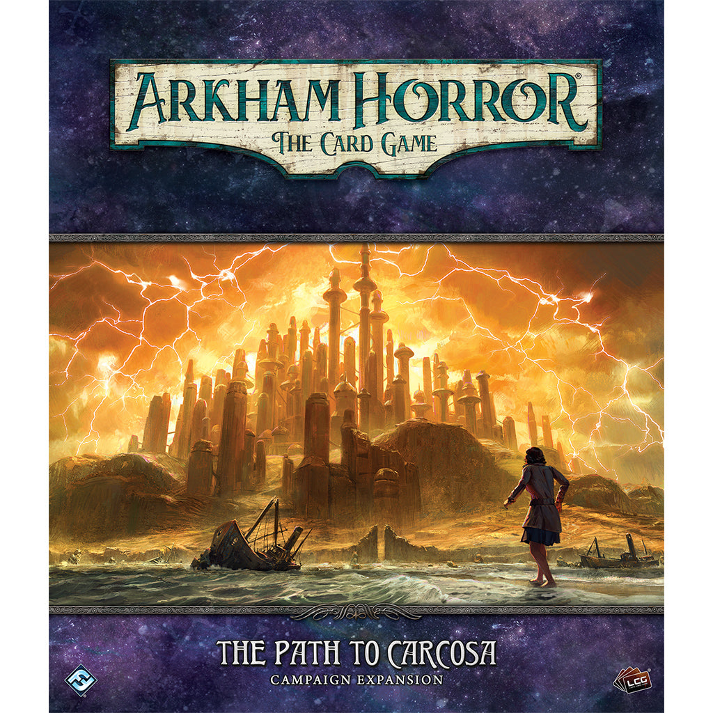 Arkham Horror LCG The Path to Carcosa Campaign Expansion box art featuring a mysterious figure in a stormy landscape with ancient ruins.