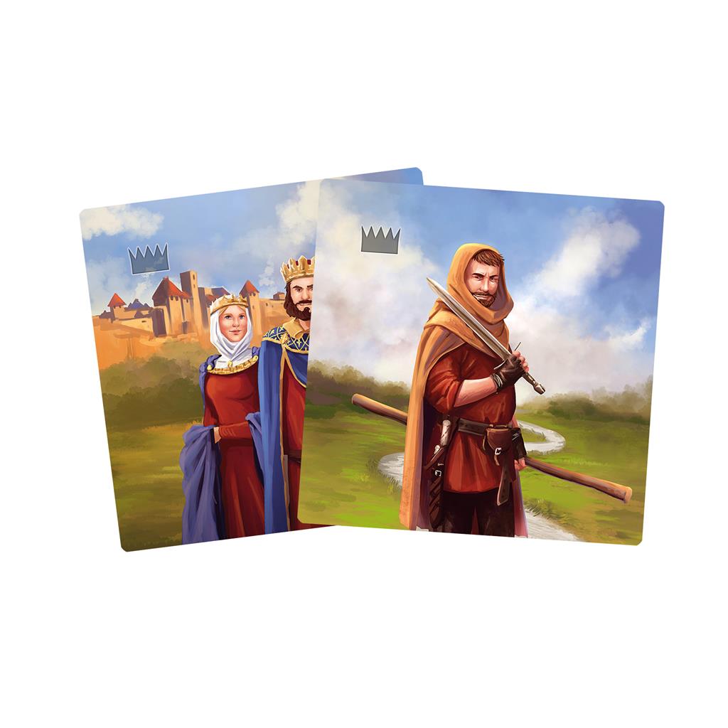 Two illustrated game cards from Carcassonne Expansion 6 featuring a king, a queen, and a robber in a scenic landscape.
