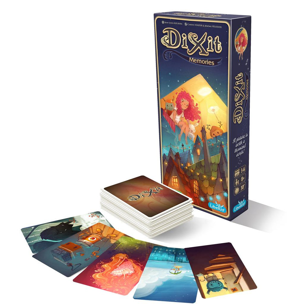 Dixit: Memories Expansion box with illustrated cards spread out, featuring whimsical artwork for storytelling gameplay.