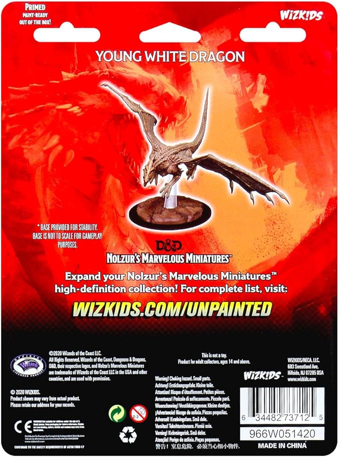 Unpainted miniature of a young white dragon from Dungeons & Dragons Nolzur's Marvelous Minis collection.