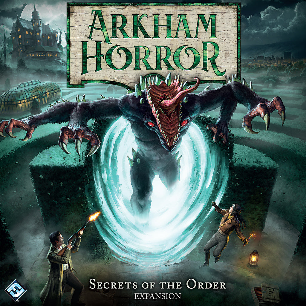Arkham Horror: Secrets of the Order expansion cover featuring a monstrous creature emerging from a portal, with two investigators.