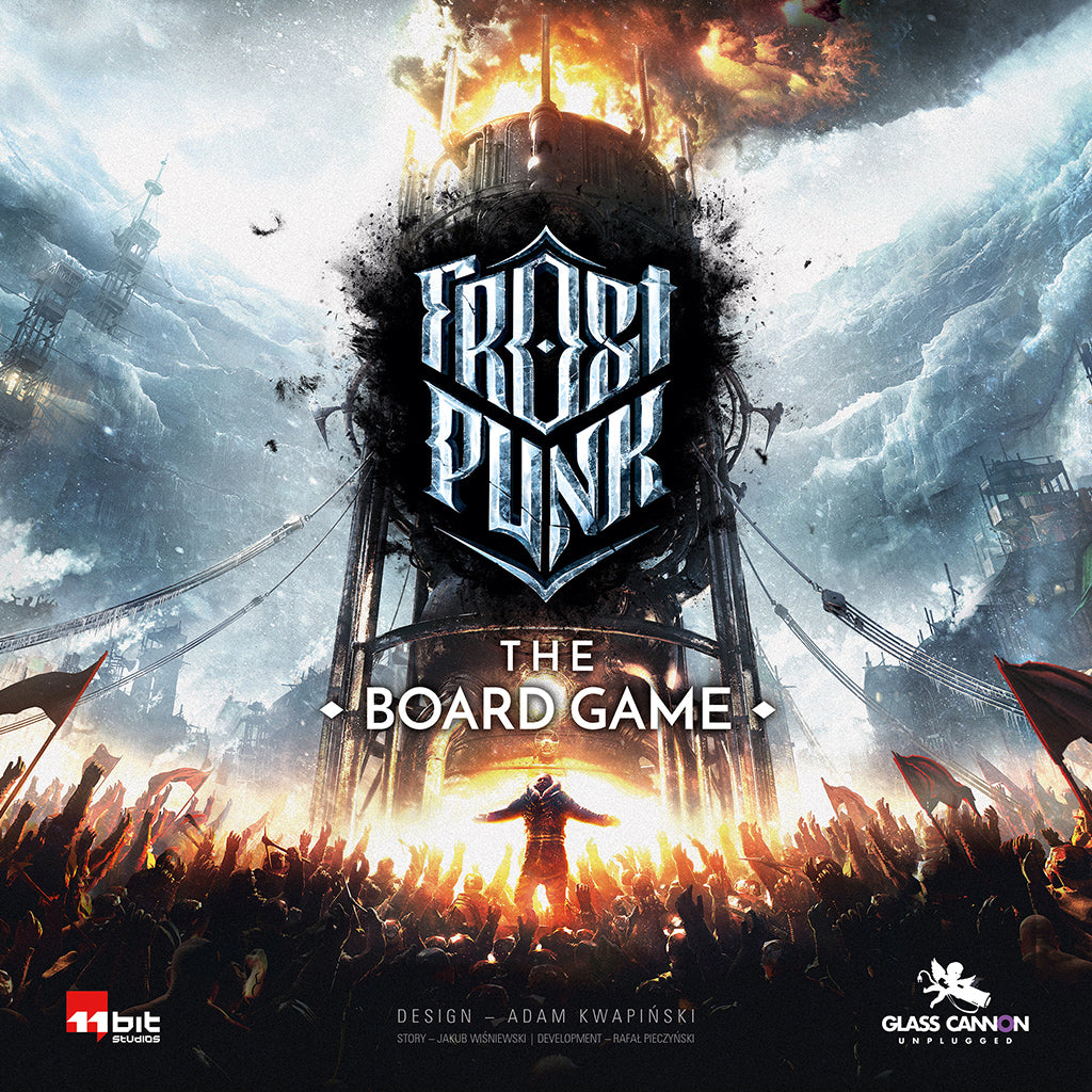 Frostpunk: The Board Game cover featuring a dystopian cityscape with a towering generator and dramatic lighting.