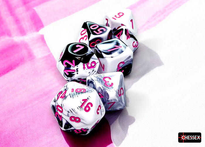 Chessex Gemini Black-White/Pink Polyhedral 7-Dice Set featuring vibrant pink numbers on a marbled black and white design.