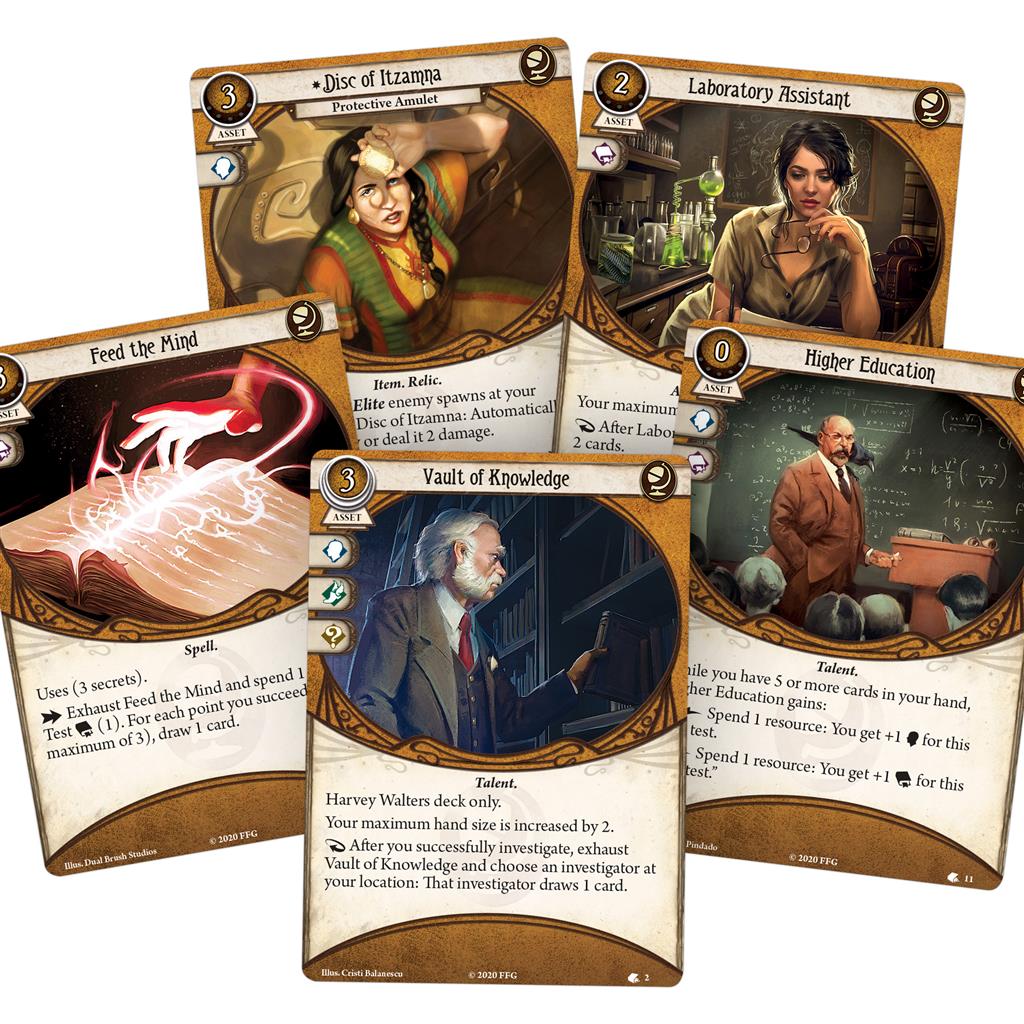Five cards from the Arkham Horror LCG Harvey Walters Starter Deck, featuring characters and abilities for gameplay.