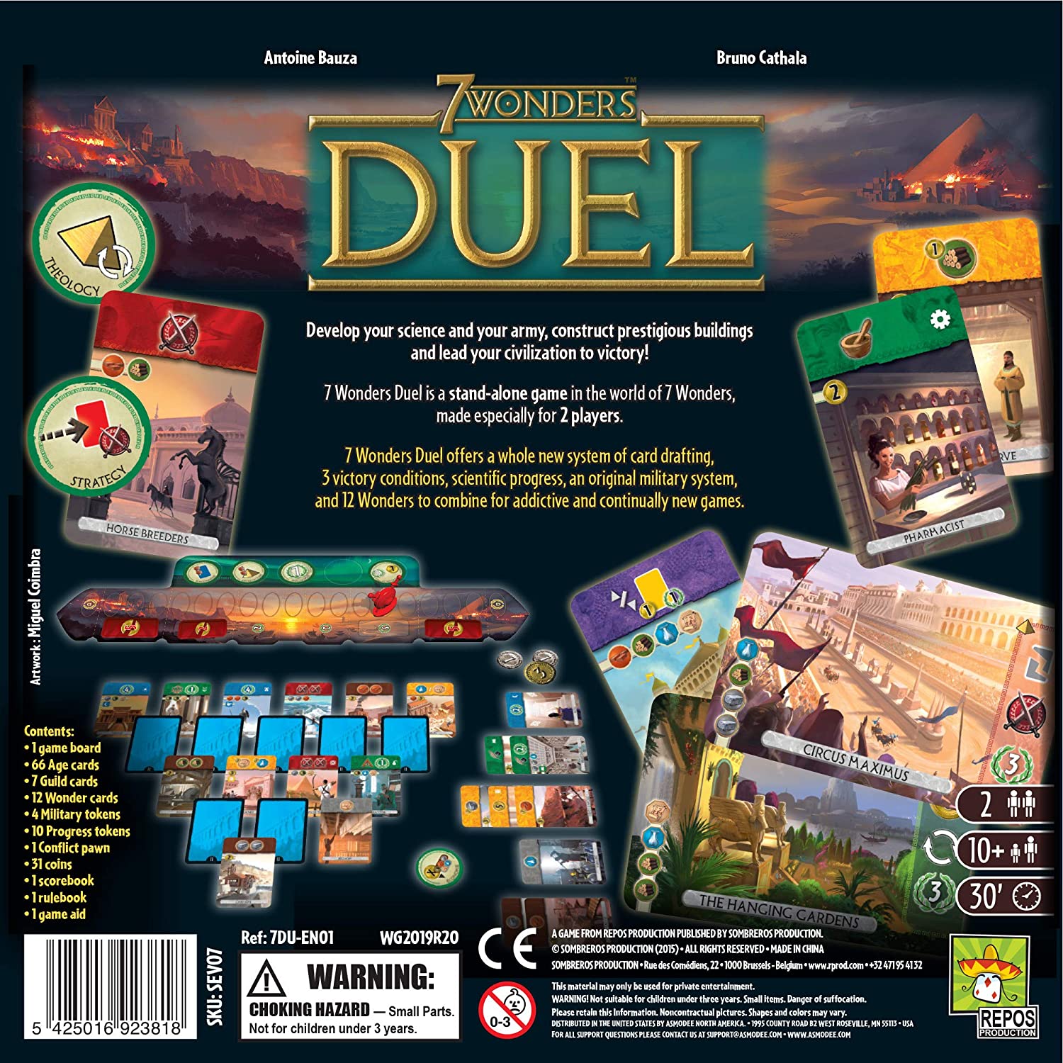 Box cover of 7 Wonders Duel, featuring game title, artwork, and components for two players to build civilizations.