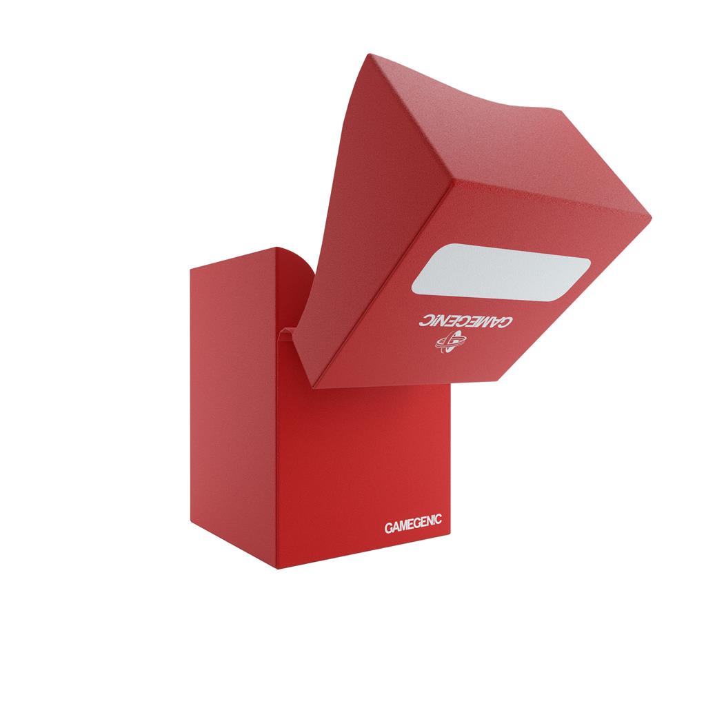 Red Gamegenic Deck Holder 100+ designed for card storage, featuring a flip-top lid for easy access.