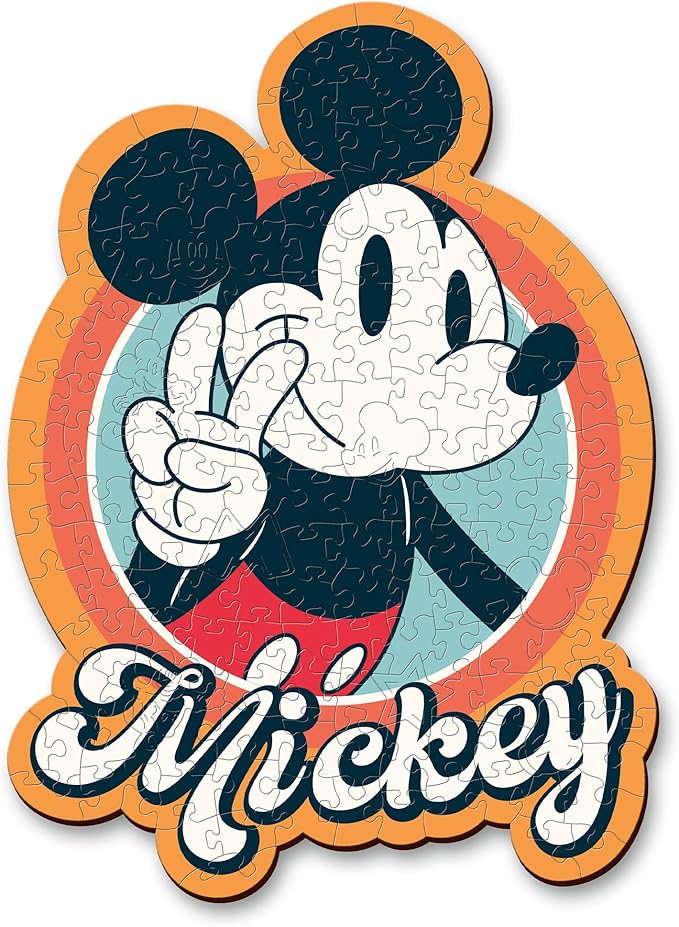 Mickey Mouse wooden shape puzzle featuring a colorful design with Mickey making a peace sign, 160 pieces.