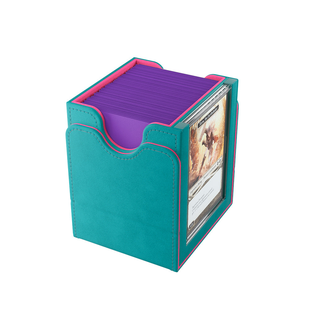 Teal and pink Gamegenic Deck Box Squire 100+ XL Convertible, designed to hold trading cards securely and stylishly.