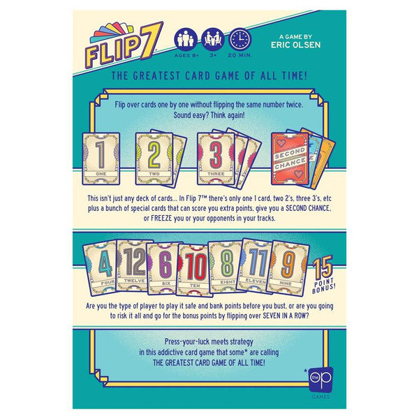 Colorful Flip 7 card game box featuring vibrant cards and rules for strategic gameplay, designed for ages 8 and up.