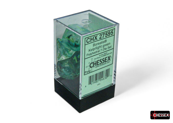 Chessex Borealis Kelp and Light Green Luminary polyhedral 7-dice set displayed in a clear packaging with a black base.